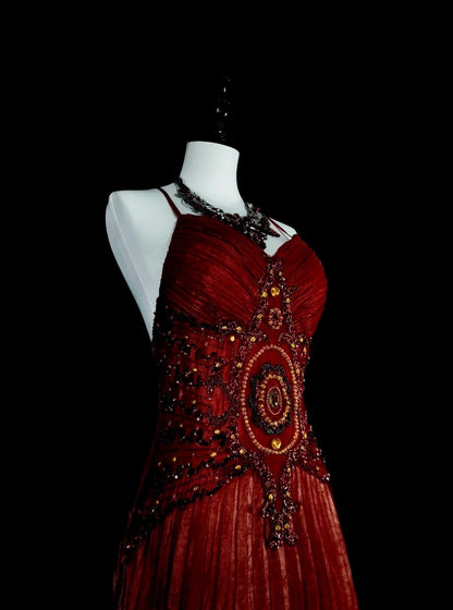Vintage Prom Dresses A line Halter Spaghetti Strap Burgundy With Beading 1980s Long Formal Gown N2704