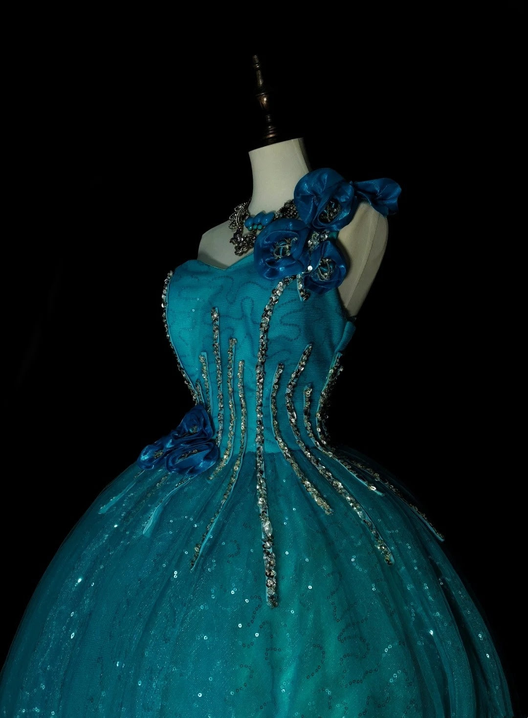 Vintage Ball Gown One Shoulder Blue Tulle Sweet 16 Dresses Quinceanera Dress Long 15 Vestidos De Fiesta N1481