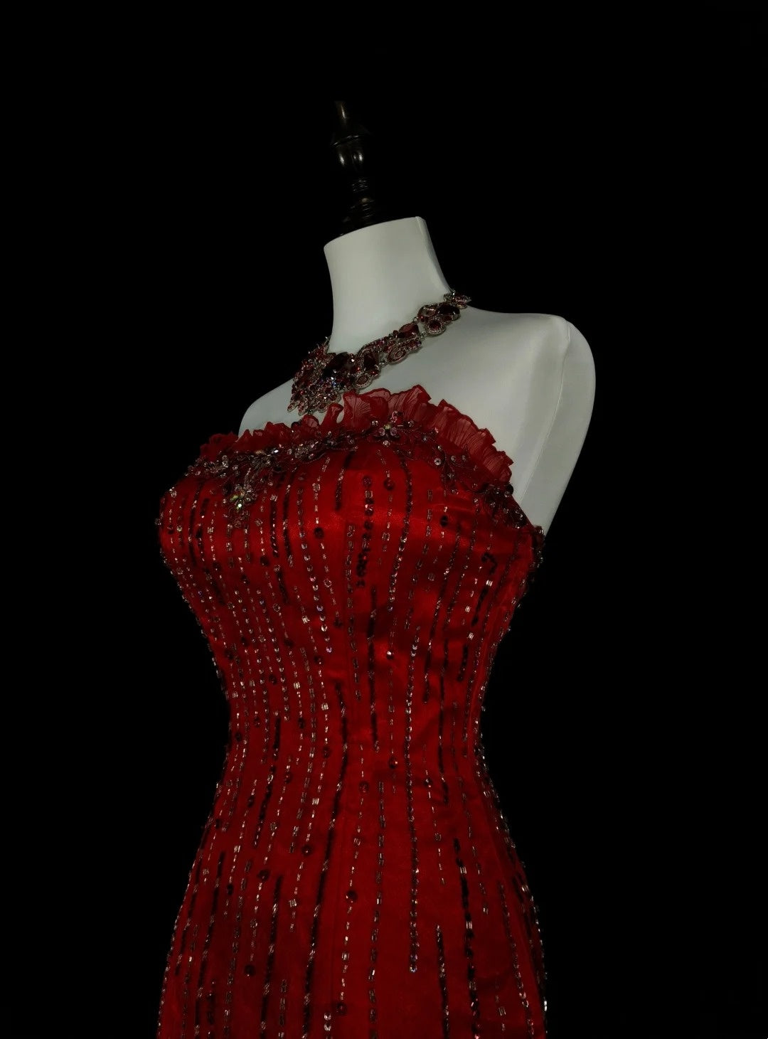 Vintage Mermaid Strapless Red 2000s With Silver Beads Prom Dresses Long Formal Party Gown N1356