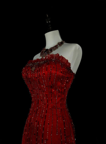 Vintage Mermaid Strapless Red 2000s With Silver Beads Prom Dresses Long Formal Party Gown N1356