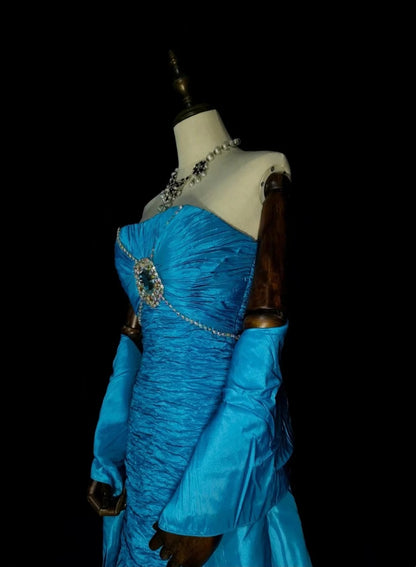 Vintage Mermaid Strapless Blue With Tiered Layers Sleeveless 80s Prom Dresses Long Formal Party Gown N1484