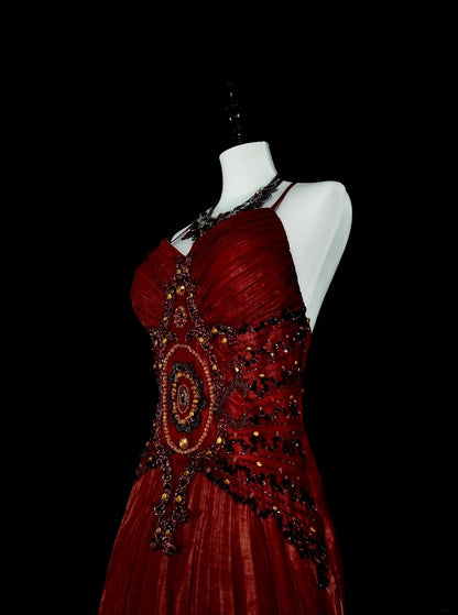 Vintage Prom Dresses A line Halter Spaghetti Strap Burgundy With Beading 1980s Long Formal Gown N2704