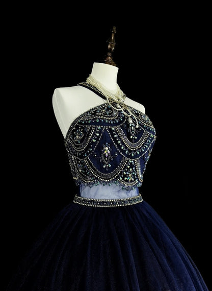 Vintage Ball Gown High Neck Navy Blue Tulle With Beadings Sleeveless 70s Prom Dresses Long Formal Party Gown N1485