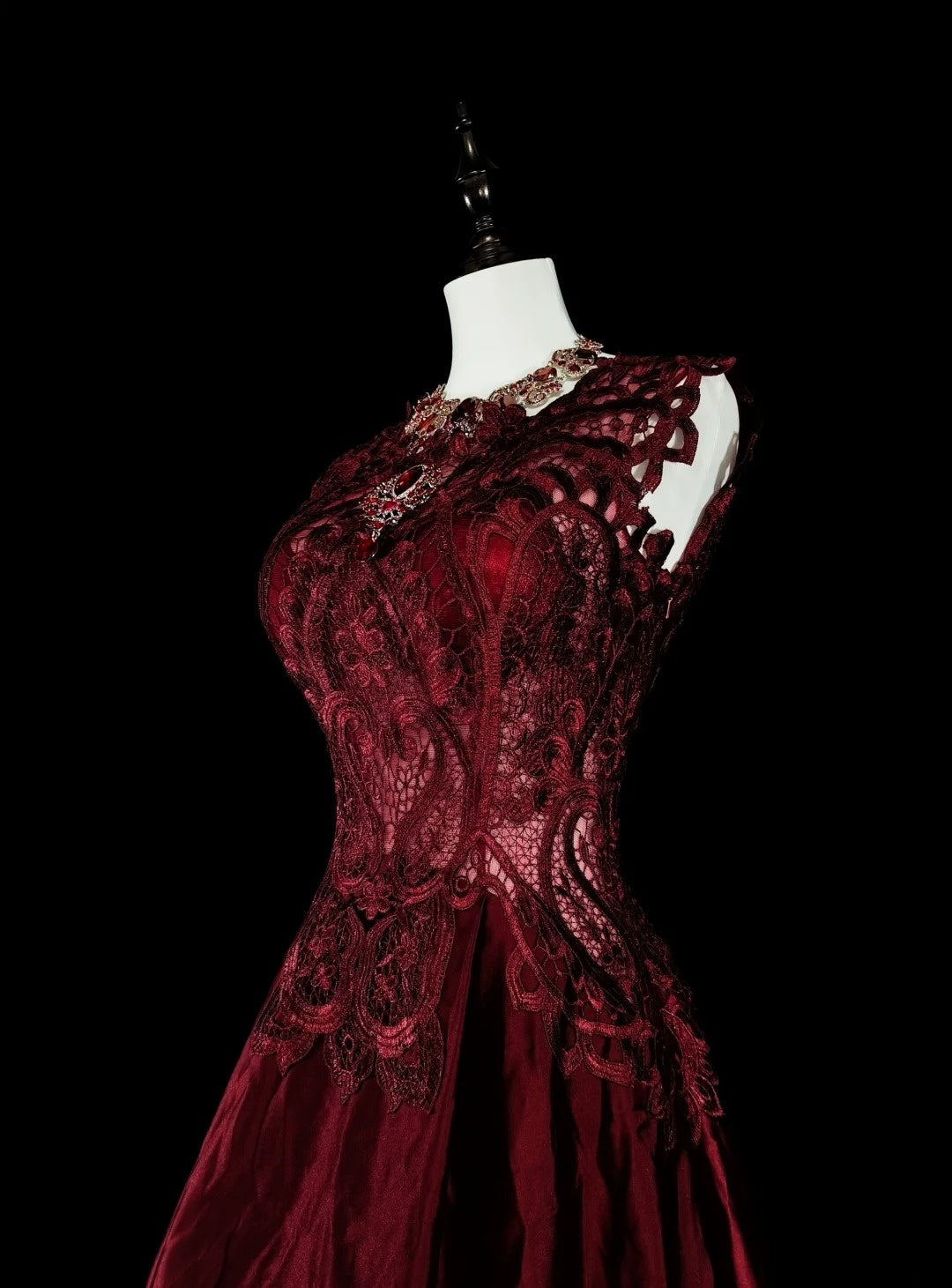 Retro A line Scoop Burgundy Lace Sleeveless 70s Prom Dresses Long Formal Party Gowns N1486