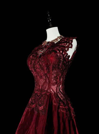 Retro A line Scoop Burgundy Lace Sleeveless 70s Prom Dresses Long Formal Party Gowns N1486