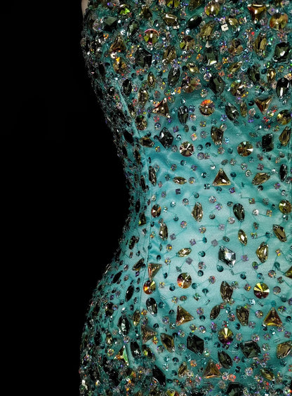 Vintage 1960s Mermaid Sweetheart Blue With Crystals Gems Sleeveless Long Prom Formal Dresses N1592