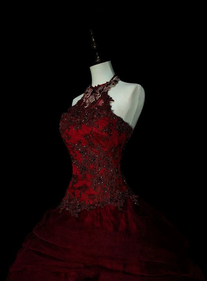 Vintage Ball Gown Halter Burgundy Tulle Sweet 16 Dresses Quinceanera Dress Long 15 Vestidos De Fiesta N1480