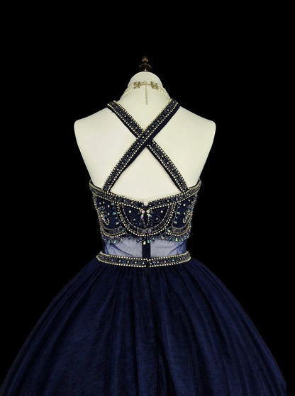 Vintage Ball Gown High Neck Navy Blue Tulle With Beadings Sleeveless 70s Prom Dresses Long Formal Party Gown N1485