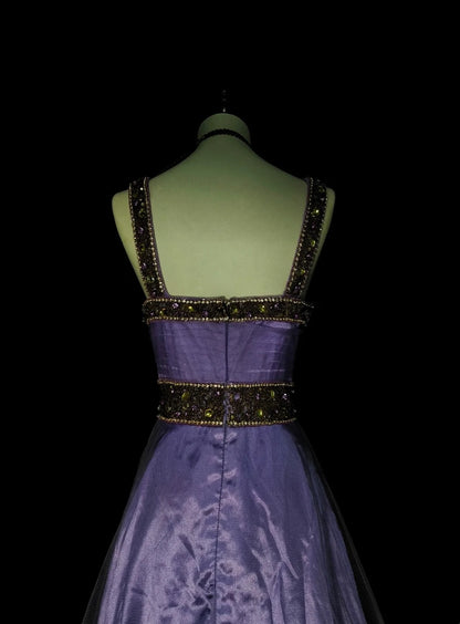 Retro A line Spaghetti Straps Grape Satin Sleeveless 70s Prom Dresses Long Formal Party Gowns N1487