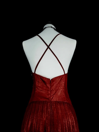 Vintage Prom Dresses A line Halter Spaghetti Strap Burgundy With Beading 1980s Long Formal Gown N2704