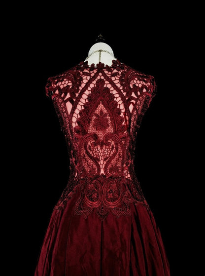 Retro A line Scoop Burgundy Lace Sleeveless 70s Prom Dresses Long Formal Party Gowns N1486