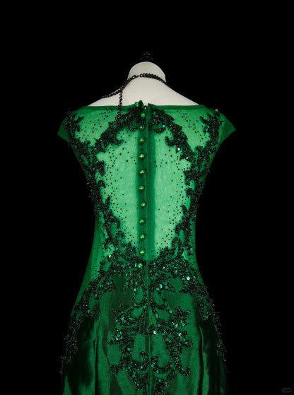 Vintage Prom Dresses Mermaid Scoop Dark Green Satin With Beading 1980s Long Formal Gown N2705