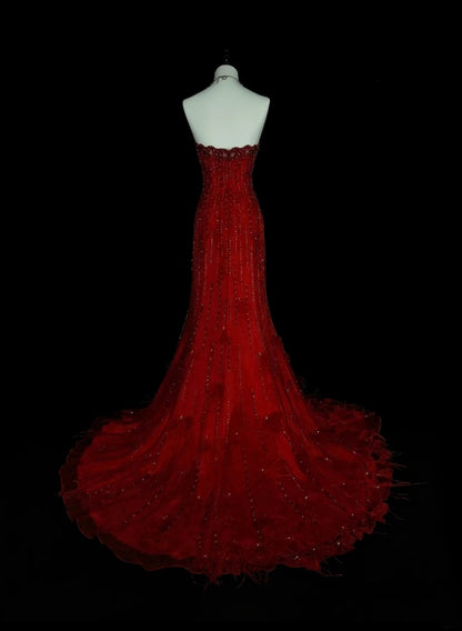 Vintage Mermaid Strapless Red 2000s With Silver Beads Prom Dresses Long Formal Party Gown N1356