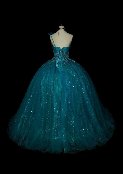 Vintage Ball Gown One Shoulder Blue Tulle Sweet 16 Dresses Quinceanera Dress Long 15 Vestidos De Fiesta N1481