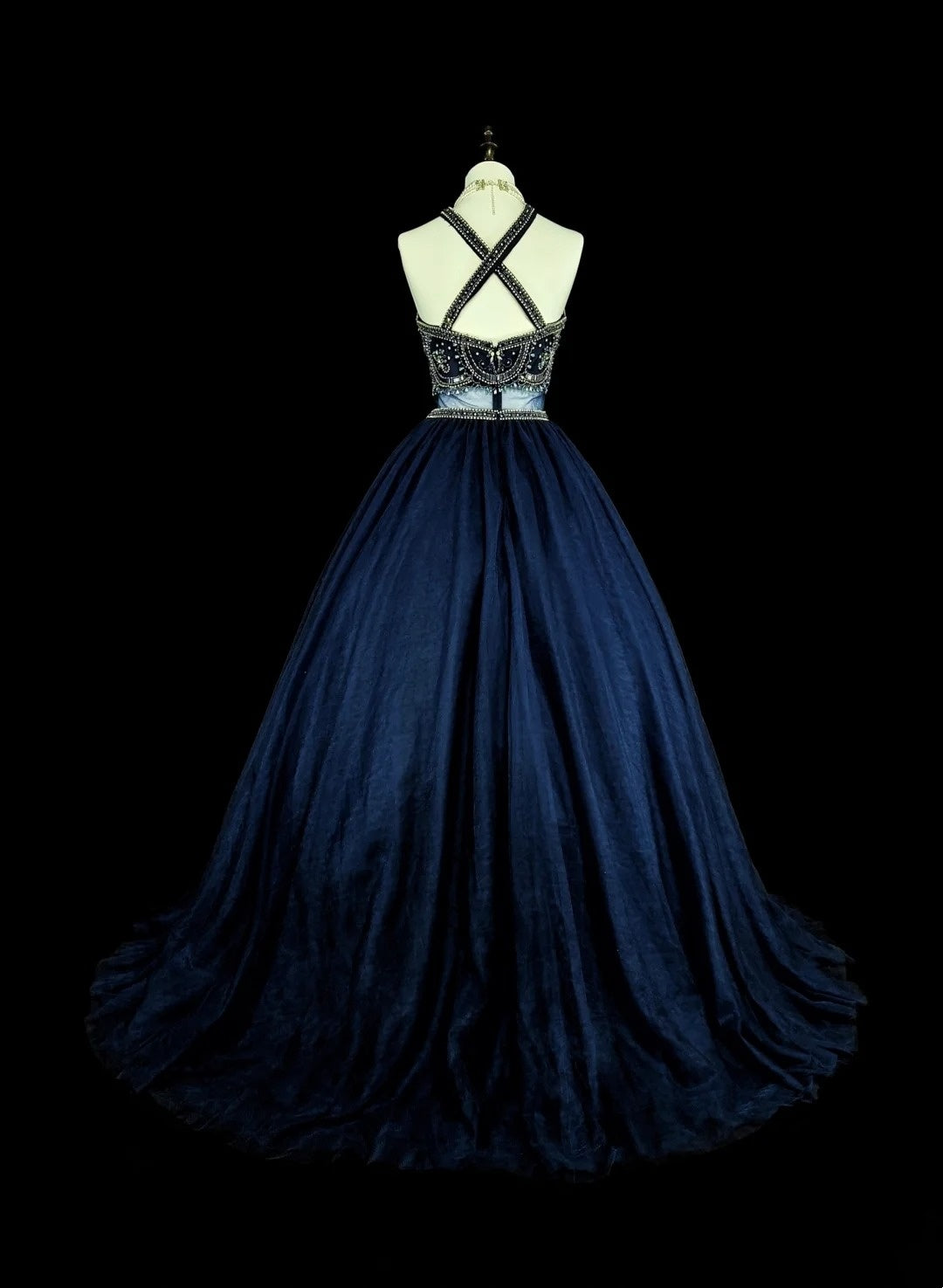 Vintage Ball Gown High Neck Navy Blue Tulle With Beadings Sleeveless 70s Prom Dresses Long Formal Party Gown N1485