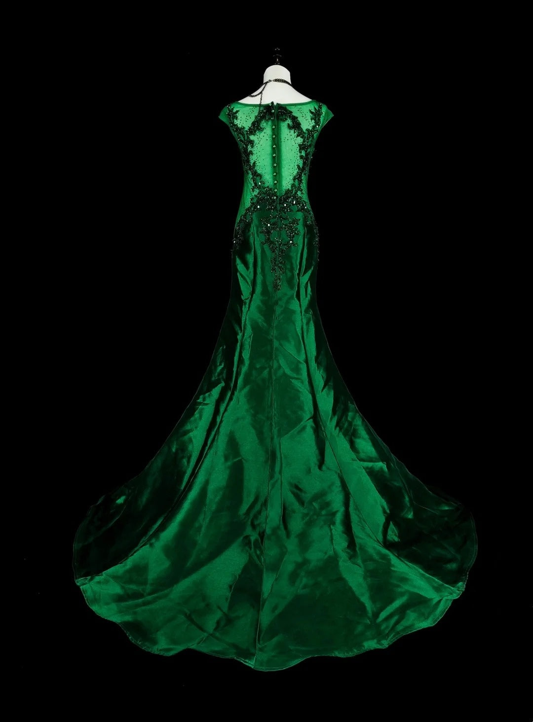 Vintage Prom Dresses Mermaid Scoop Dark Green Satin With Beading 1980s Long Formal Gown N2705