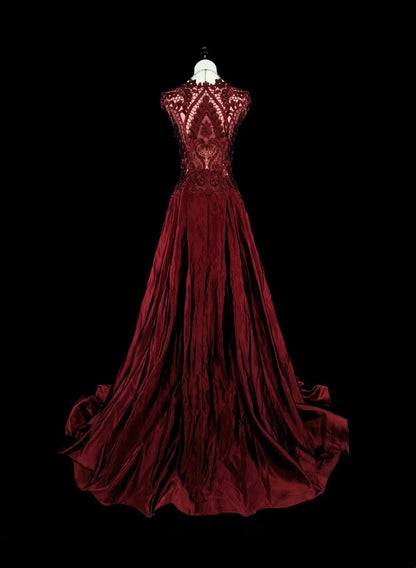 Retro A line Scoop Burgundy Lace Sleeveless 70s Prom Dresses Long Formal Party Gowns N1486