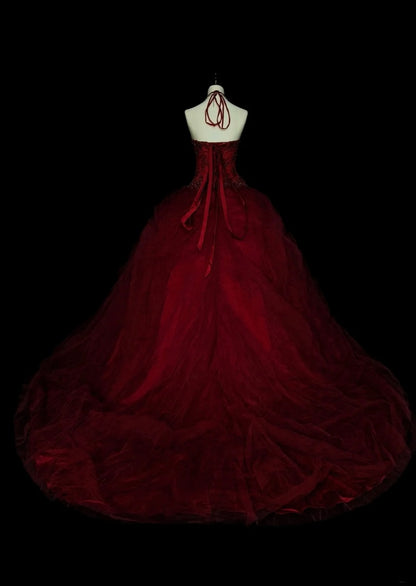 Vintage Ball Gown Halter Burgundy Tulle Sweet 16 Dresses Quinceanera Dress Long 15 Vestidos De Fiesta N1480