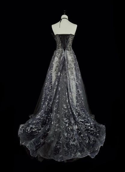 Vintage Prom Dresses Aesthetic 1960s Retro Ball Gown Grey Sequins Long Party Dress N2147