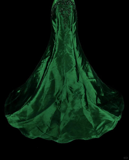 Vintage Prom Dresses Mermaid Scoop Dark Green Satin With Beading 1980s Long Formal Gown N2705
