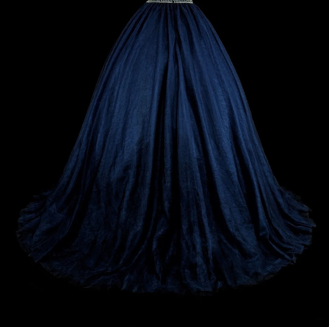 Vintage Ball Gown High Neck Navy Blue Tulle With Beadings Sleeveless 70s Prom Dresses Long Formal Party Gown N1485