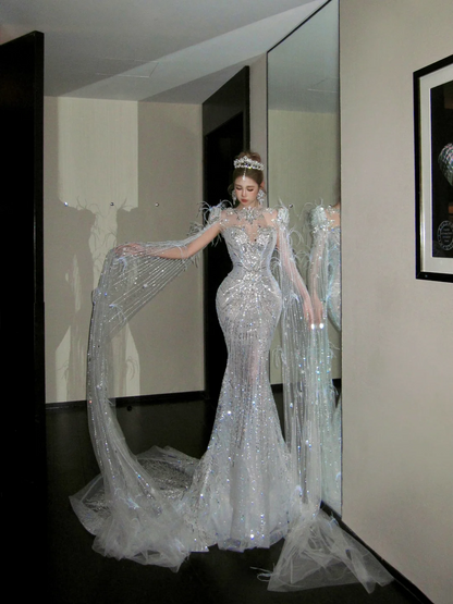 Shimmer Mermaid Long Sleeve Sequin Wedding Dress With Cape Feather Fairytale Brides Gown Wedding Dresses N052