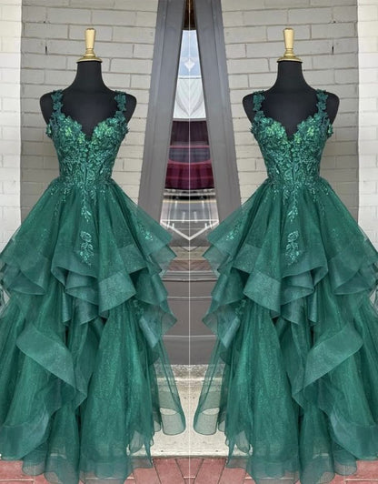 Modest Ball Gown Sweetheart Emerald Green Tulle Lace Appliques Prom Dresses Long Party Dress Evening Dresses AC011