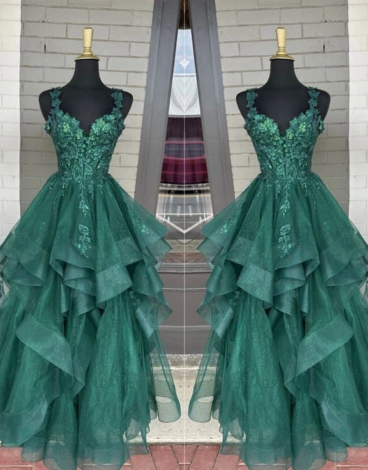 Modest Ball Gown Sweetheart Emerald Green Tulle Lace Appliques Prom Dresses Long Party Dress Evening Dresses AC011