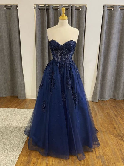 Strapless Open Back Navy Blue Lace Beaded Long Prom Dresses, Navy Blue Lace Formal Graduation Evening Dresses Formal Dress AB1829