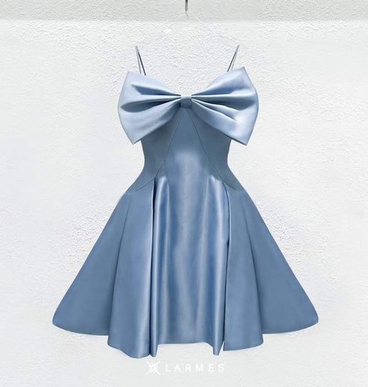 Minimalist A Line Spaghetti Strap Pastle Blue Satin Sleeveless Semi-formal 9th Graduation Short Inspo Homecoming Dresses RB4557
