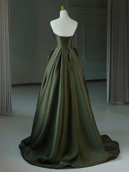 Graceful A line Strapless Green Satin Strapless Pleats Prom Dress Party Gowns AB436
