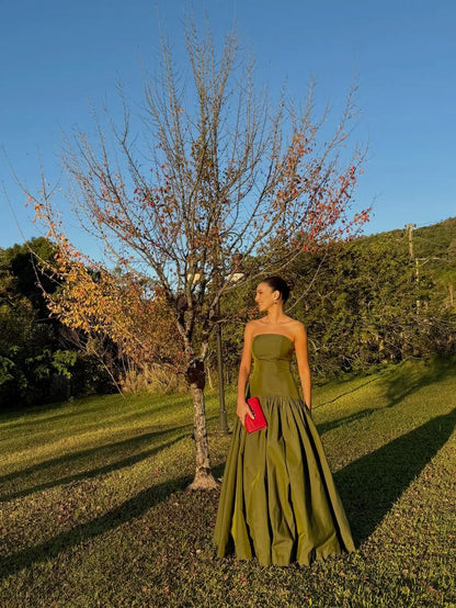 Chic A line Strapless Olive Green Satin Basque Waist Corset Sleeveless Evening Formal Prom Dresses AB452