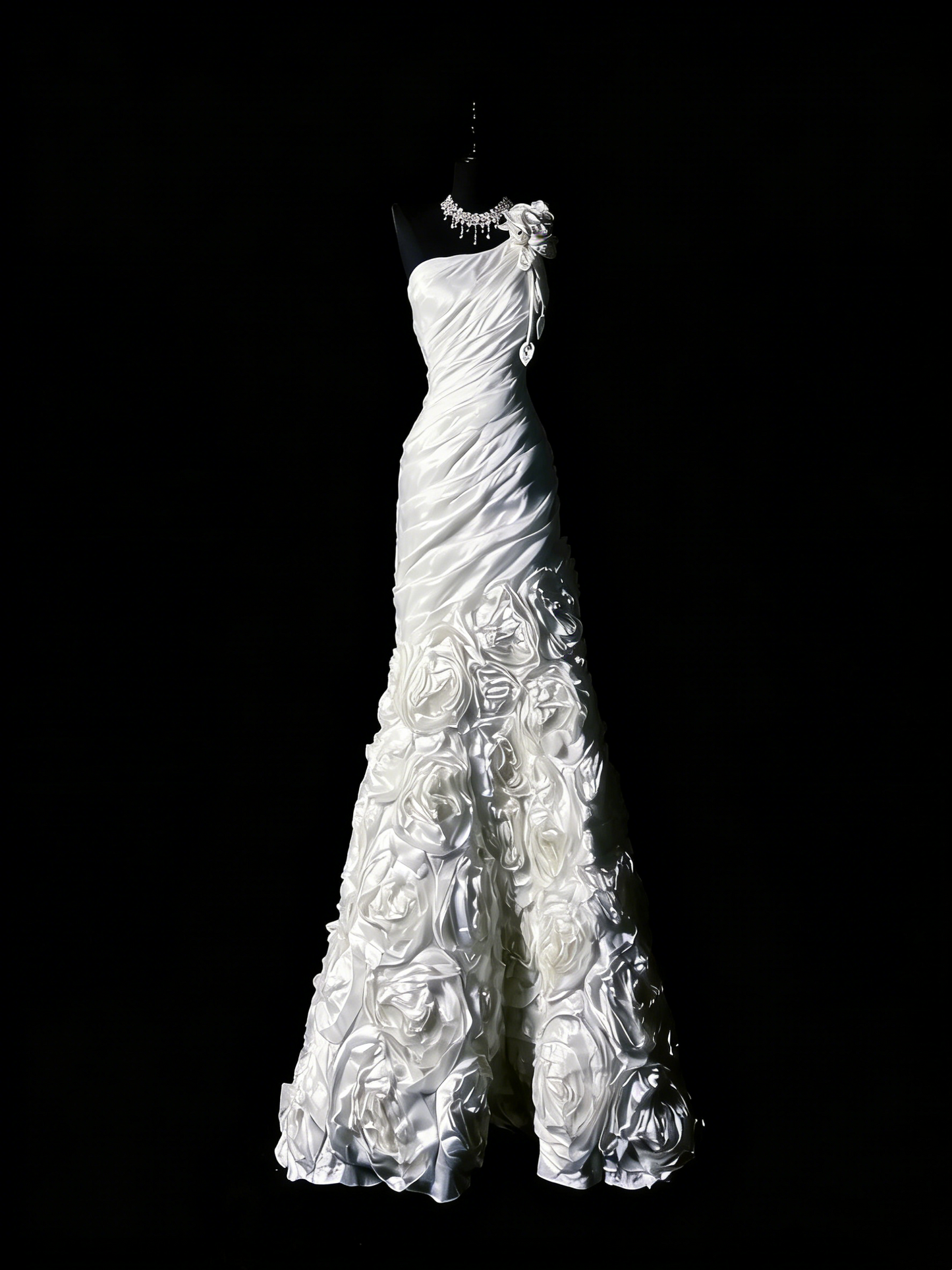 Princess Wedding Dresses Mermaid One Shoulder White Satin Floral Long Brides Dress Fitted Bridal Gown N1206
