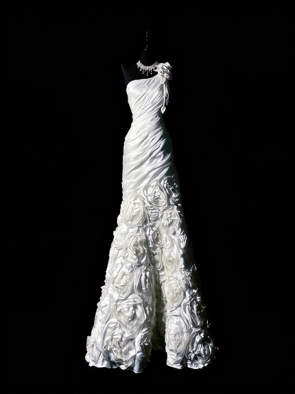 Princess Wedding Dresses Mermaid One Shoulder White Satin Floral Long Brides Dress Fitted Bridal Gown N1206