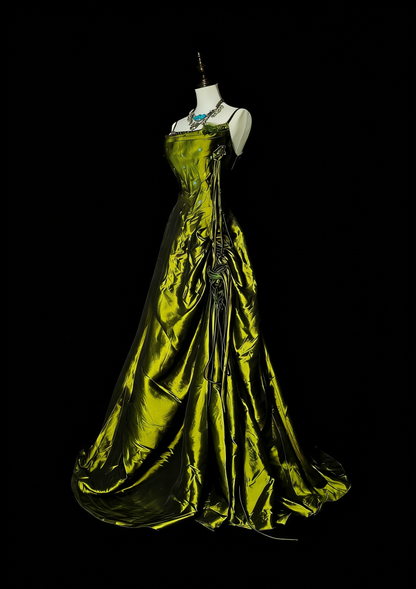 Vintage Ball Gown Spaghetti Straps Olive Green With Beadings Sleeveless 80s Prom Dresses Long Formal Party Gown N1477