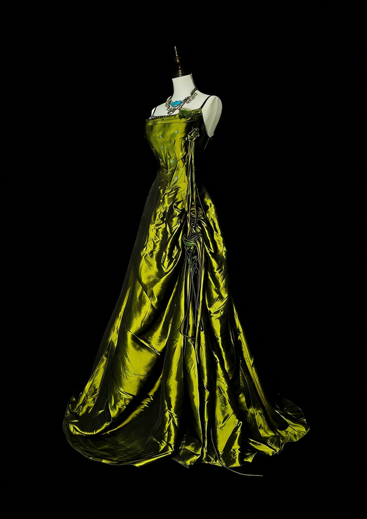Vintage Ball Gown Spaghetti Straps Olive Green With Beadings Sleeveless 80s Prom Dresses Long Formal Party Gown N1477