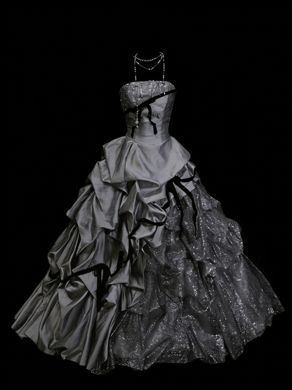 Sweet Ball Gown Strapless Gray Satin With Tiered Layers Ruffles Long Party Gowns Prom Dresses N2235