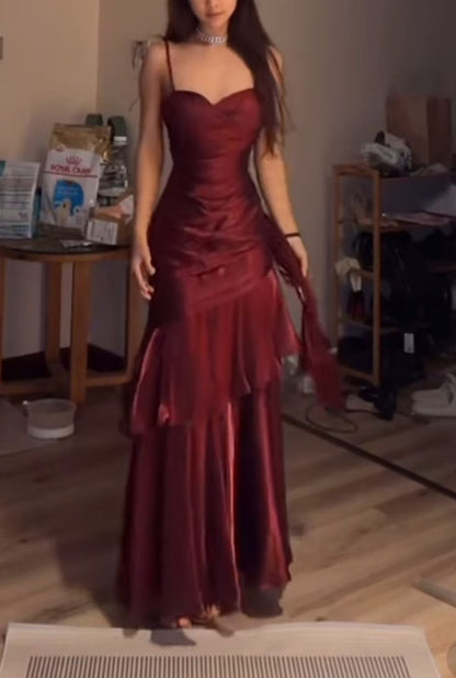 Elegant Mermaid Spaghetti Straps Burgundy Chiffon Long Prom Dress Formal Evening Dresses AB542