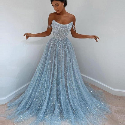 Sky Blue Off-the-Shoulder Prom Dress Long with Sequins AB929