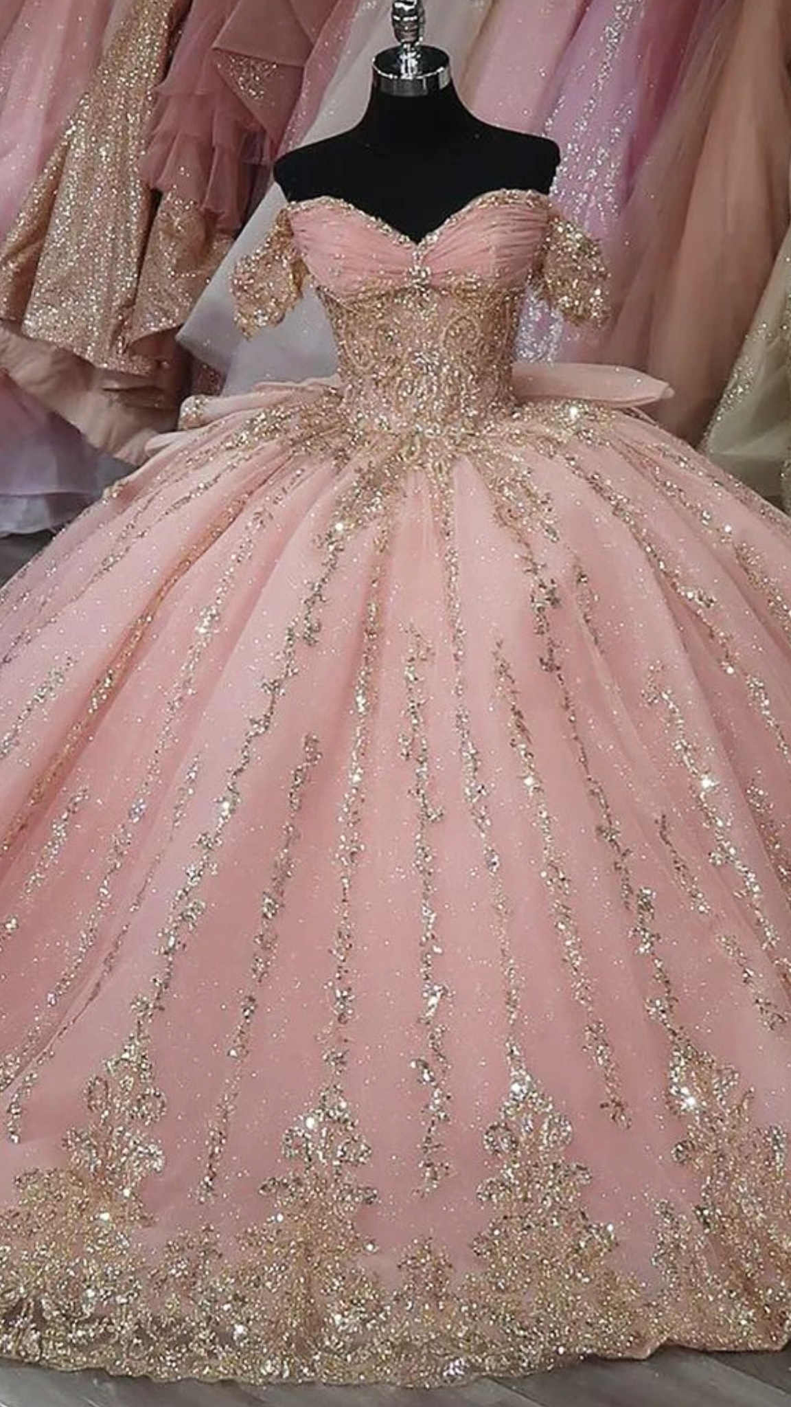Dreamy pink Princess Ball Gown Wedding & Formal Events Off The Shoulder With Gold Lace Quince Dress Quinceanera Dresses Birthday Outfits RB8232