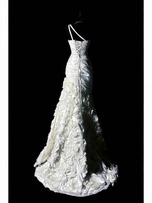 Princess Wedding Dresses Mermaid One Shoulder White Satin Floral Long Brides Dress Fitted Bridal Gown N1206