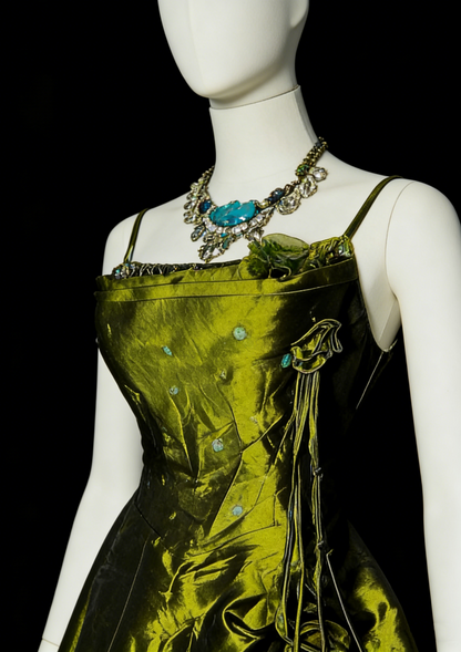 Vintage Ball Gown Spaghetti Straps Olive Green With Beadings Sleeveless 80s Prom Dresses Long Formal Party Gown N1477