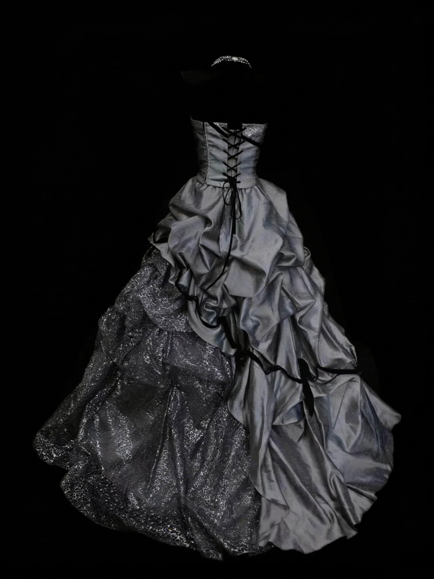 Sweet Ball Gown Strapless Gray Satin With Tiered Layers Ruffles Long Party Gowns Prom Dresses N2235
