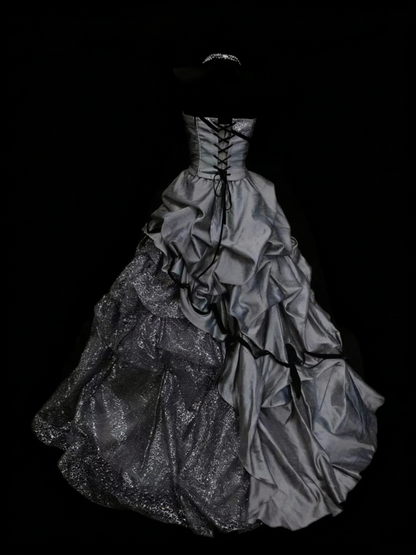 Sweet Ball Gown Strapless Gray Satin With Tiered Layers Ruffles Long Party Gowns Prom Dresses N2235