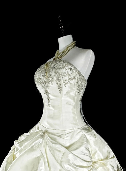Vintage Wedding Dresses Ball Gown Strapless White Taffeta With Beading Long Bridal Gown N3075