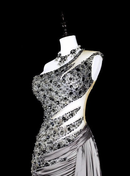 Vintage Prom Dresses Aesthetic Mermaid One Shoulder Grey Taffeta Classic Inspo With Crystals Gem Dress N1999