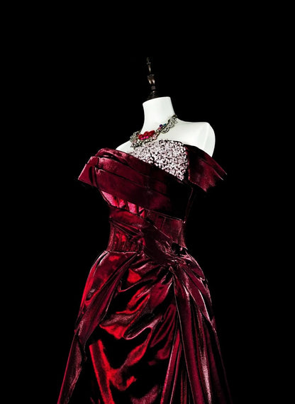 Dreamy Prom Dresses Vintage 90s With Beads Mermaid Off The Shoulder Burgundy Satin Long Formal Outfits N2377