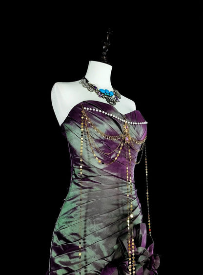 Vintage Mermaid Sweetheart Purple Taffeta 70s With Ruffles Long Prom Gown Party Wear Dresses N1846