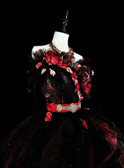 Modest Prom Dresses Ball Gown Strapless Burgundy Tulle With Appliqued Long Quince Dress N3066