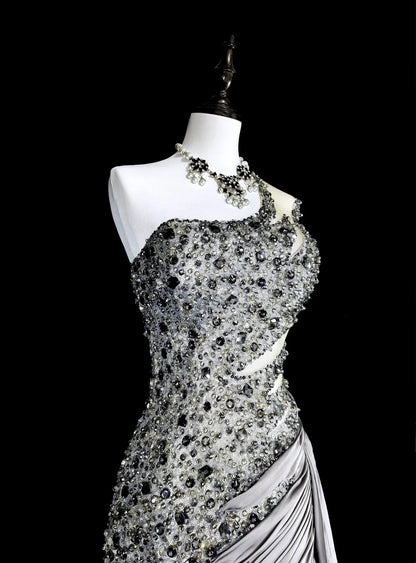 Vintage Prom Dresses Aesthetic Mermaid One Shoulder Grey Taffeta Classic Inspo With Crystals Gem Dress N1999